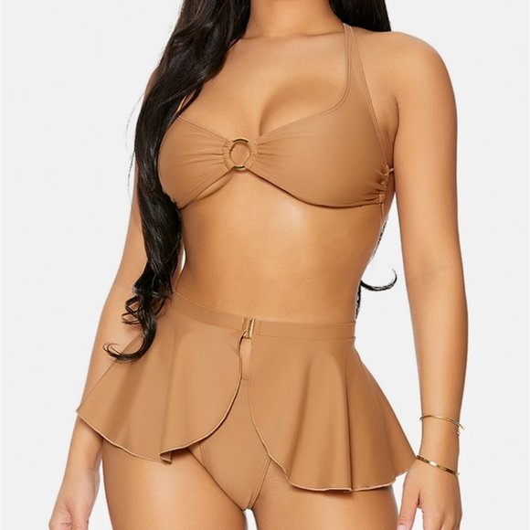 MODA ME COUTURE Other - TAN Gold Ring Strappy Back Peplum Skirt Bikini Swimwear 3 Piece Set